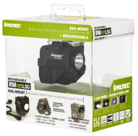 iProtec rechargeable LED weapon light for handguns and rifles with green laser.